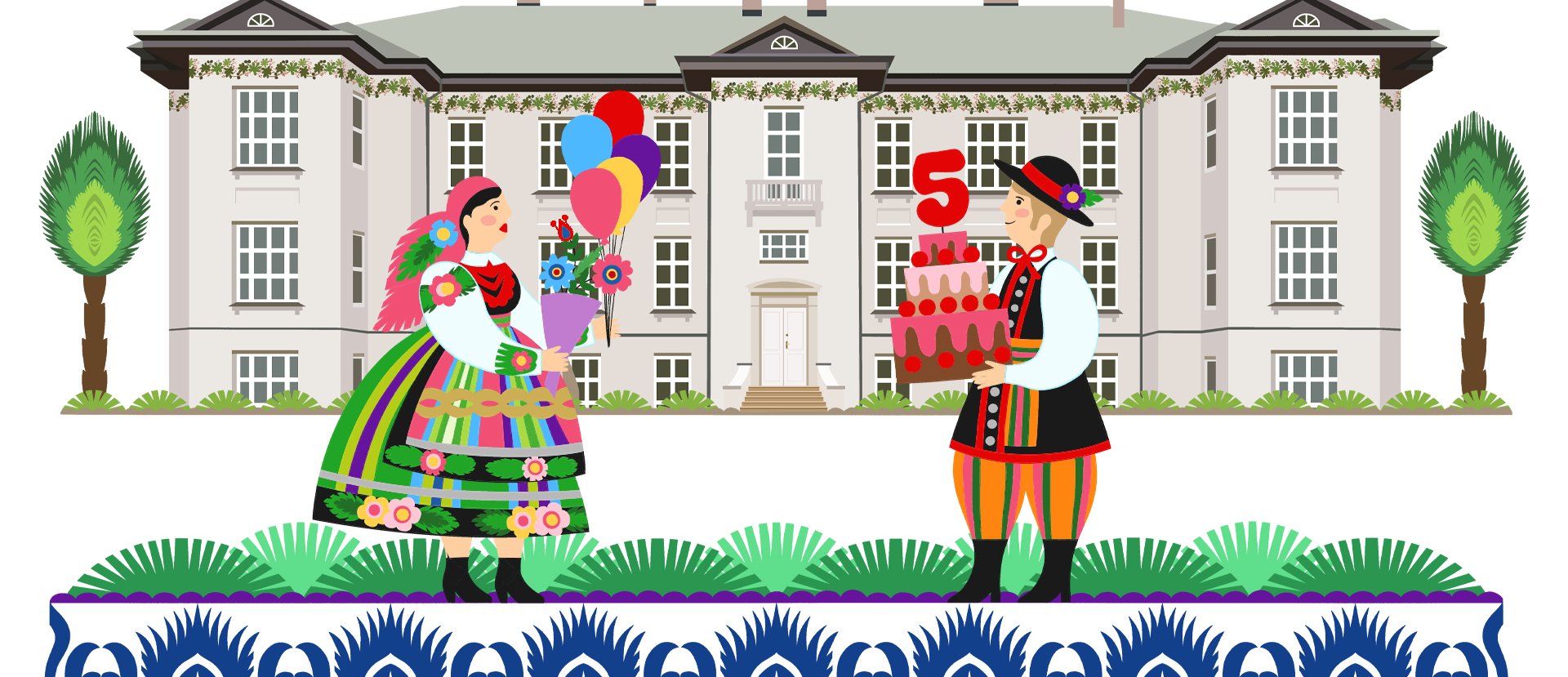 Grafika reklamująca piąte urodziny Centrum Folkloru Polskiego "Karolin". Pałac i para w stroju łowickim w stylu łowickiej kodry