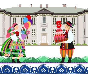 Grafika reklamująca piąte urodziny Centrum Folkloru Polskiego "Karolin". Pałac i para w stroju łowickim w stylu łowickiej kodry