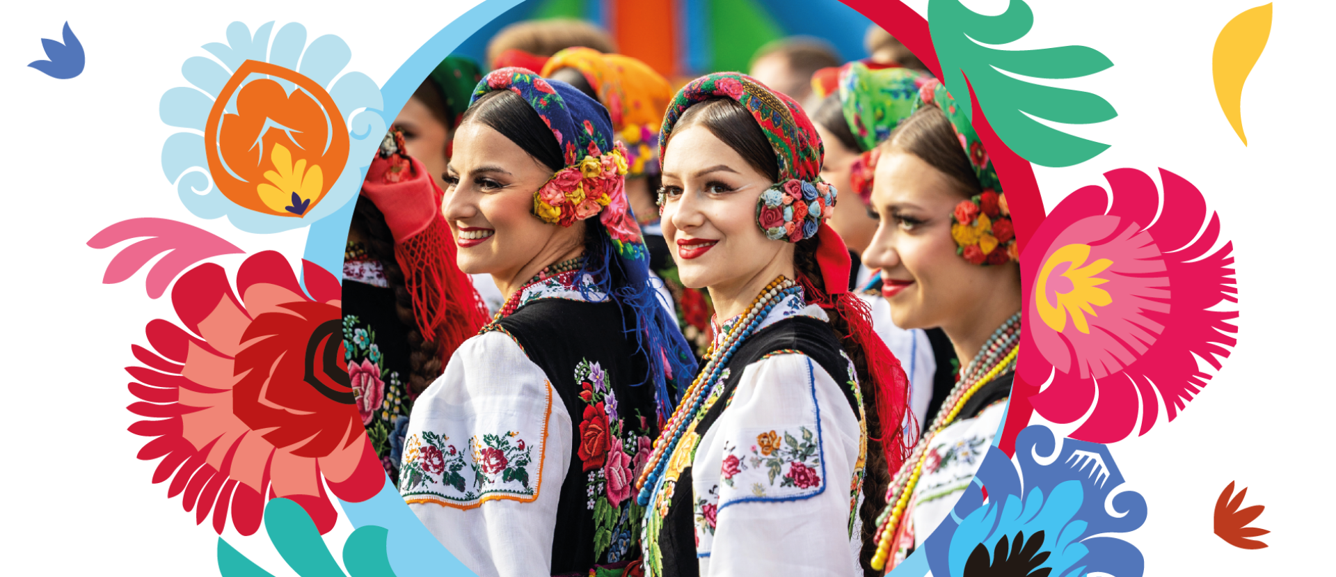 Plakat przedstawiający kilka osób z chóru w otoczeniu kwiatów