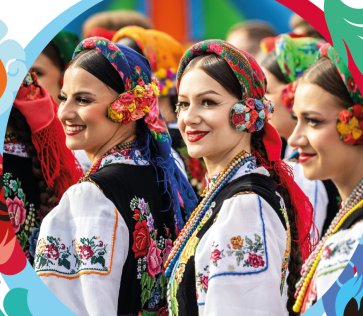 Plakat przedstawiający kilka osób z chóru w otoczeniu kwiatów