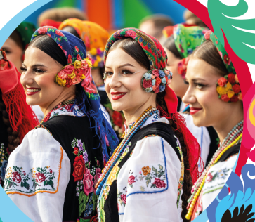 Plakat przedstawiający kilka osób z chóru w otoczeniu kwiatów