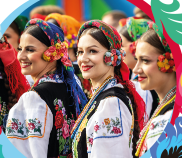 Plakat przedstawiający kilka osób z chóru w otoczeniu kwiatów