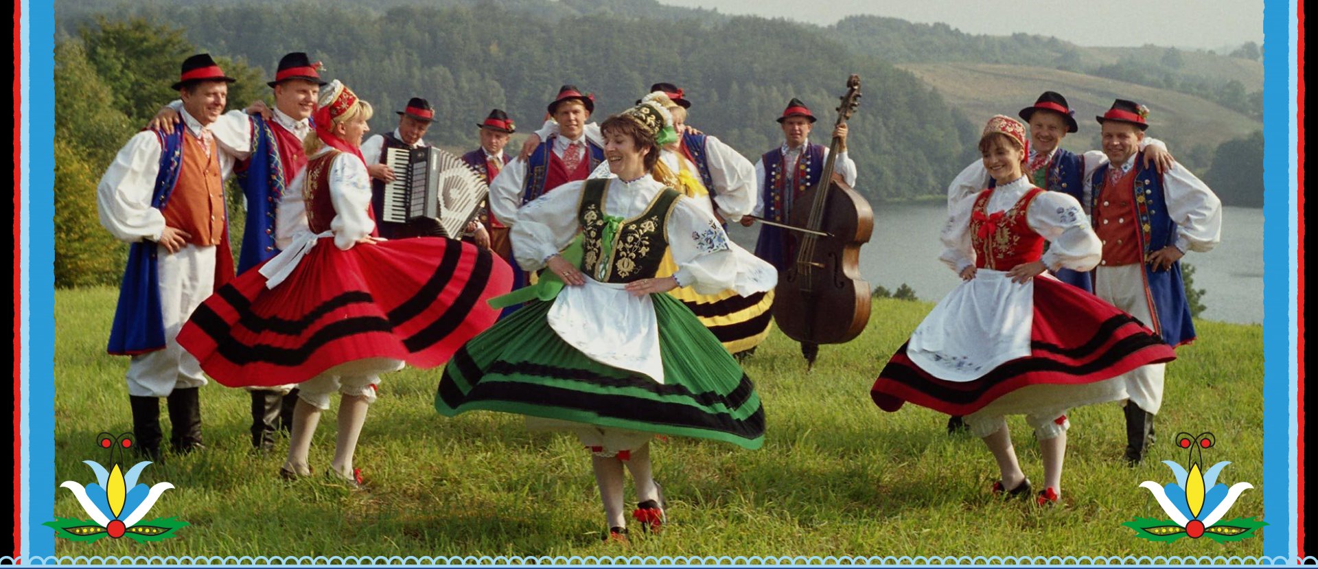 Members of Kaszubu Regional Song and Dance Group from Kartuzy dancing in a field dressed in costume