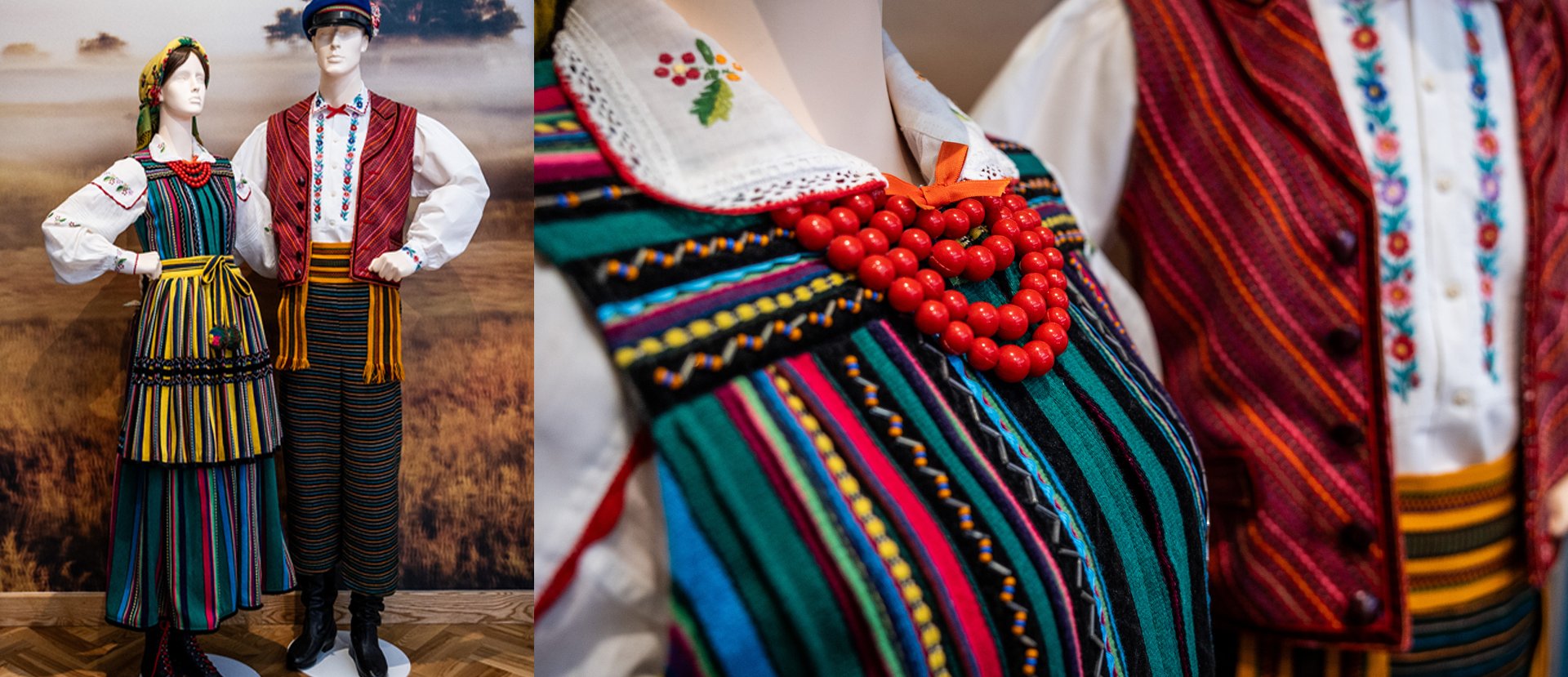 Kostiumy opoczyńskie Zespołu "Mazowsze" na manekinach na wystawie Centrum Folkloru Polskiego "Karolin"