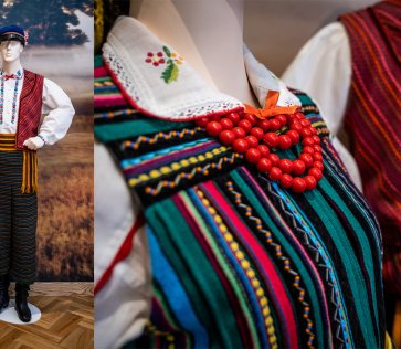 Kostiumy opoczyńskie Zespołu "Mazowsze" na manekinach na wystawie Centrum Folkloru Polskiego "Karolin"