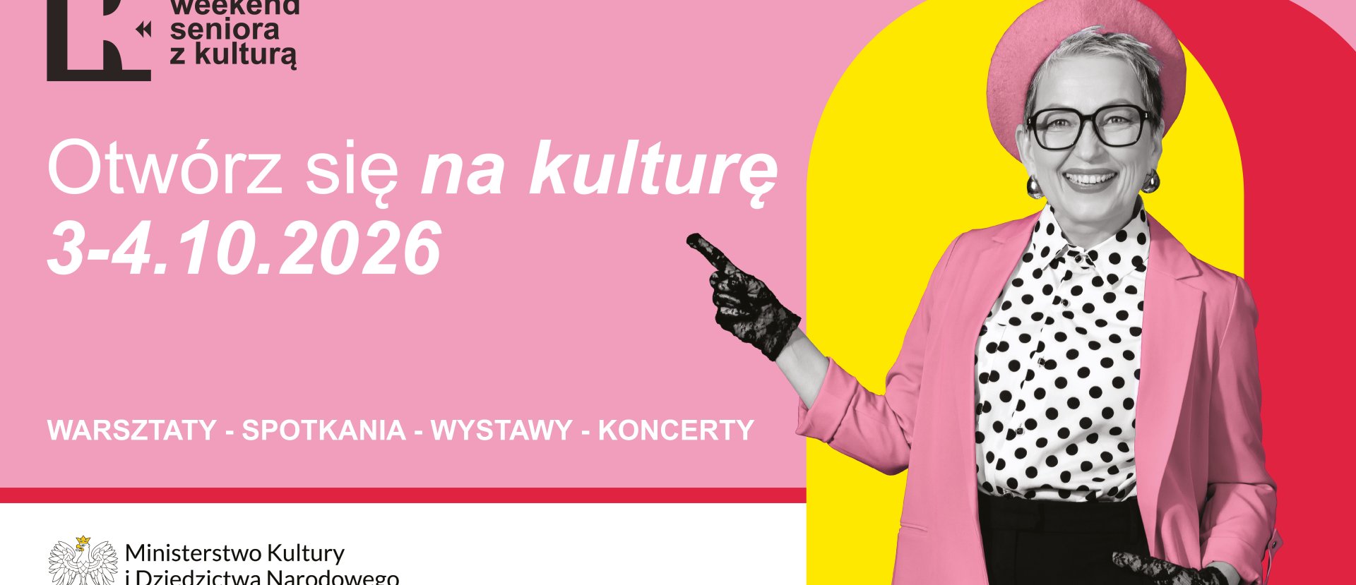 Grafika reklamująca "Weekend Seniora z Kulturą": uśmiechnięta seniorka wskazuje na datę wydarzeń