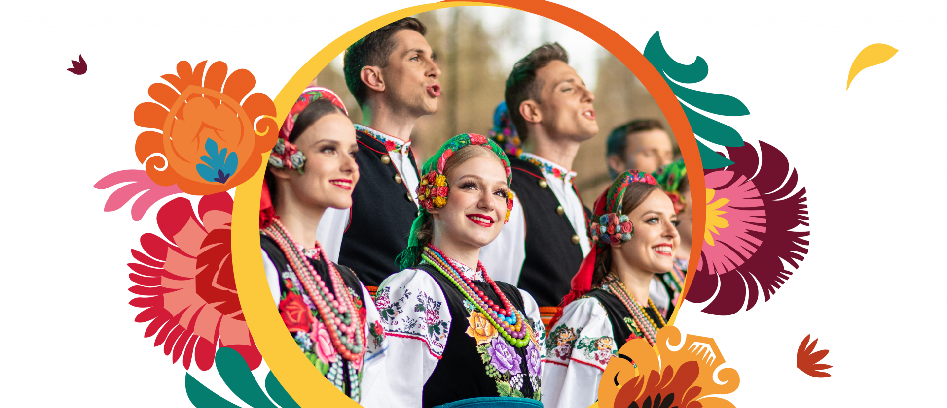 Plakat przedstawiający kilka osób z chóru w otoczeniu kwiatów