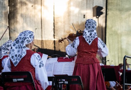 Widok na koncertmistrzynię w kostiumie wilanowskim, stojąca tyłem, na poczatku koncertu