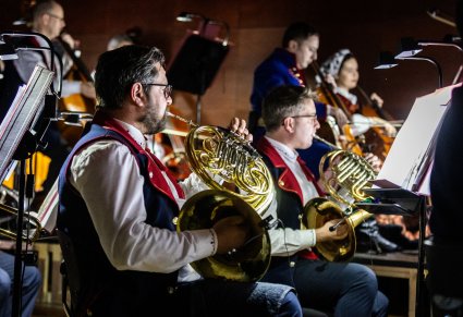 Zbliżenie na artystę grającego na waltorni