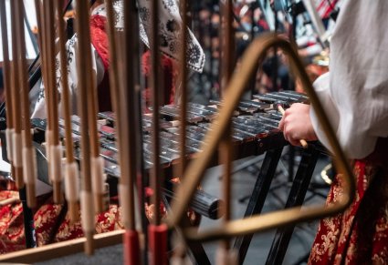 Zbliżenie na trójkąt muzyczny i osobę grającą na ksylofonie