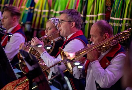 Zbliżenie na artystów orkiestry podczas koncertu