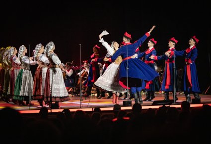 Grupa Artystów w kostiumach wilanowskich podczas wykonywania choreografii tanecznej