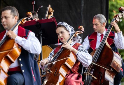 Muzycy orkiestry, grający na instrumentach smyczkowych, w kostiumach wilanowskich