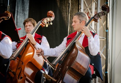 Zbliżenie na Artystów Orkiestry w kostiumach wilanowskich w trakcie grania na instrumentach smyczkowych