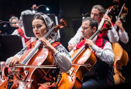Zbliżenie na artystów orkiestry grających na instrumentach smyczkowych