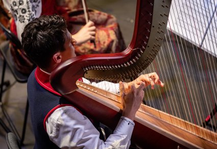Zbliżenie na artystę grającego na harfie