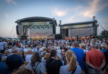 Widok na dwie sceny przed którą zgromadzony jest tłum widzów