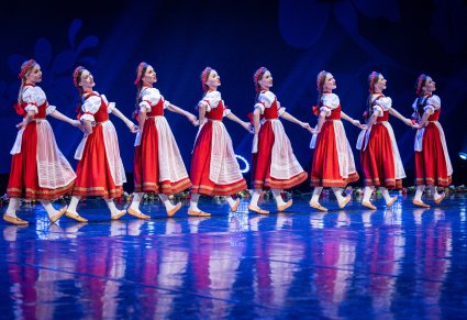 Na scenie Artystki w kostiumach jurgowskich podczas wykonywania choreografii tanecznej