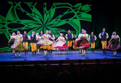 Tancerze w kostiumach ludowych w trakcie wykonywania choreografii tanecznej na scenie