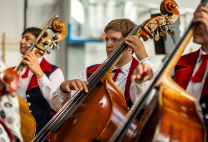 Zbliżenie na artystów orkiestry grających na kontrabasy