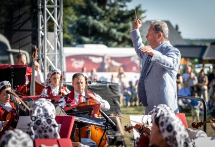 Widok ze sceny, część orkiestry i dyrygujący Dyrektor zespołu
