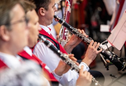 Zbliżenie na Artystów Orkiestry w kostiumach wilanowskich, grających na instrumentach
