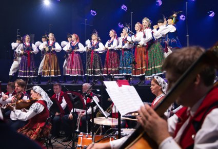 Na scenie grupa Artystów w kostiumach limanowskich w trakcie grania na regionalnych instrumentach, widoczna również część orkiestry