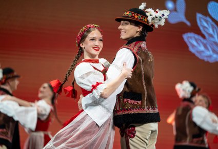 Zbliżenie na parę Artystów w kostiumach jurgowskich w trakcie wykonywania choreografii tanecznej