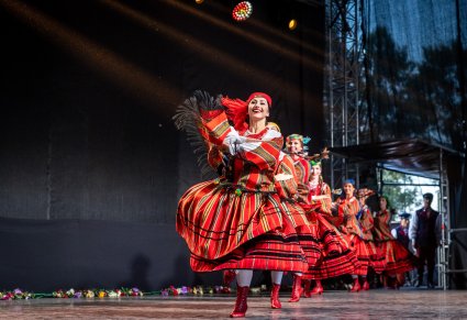 Tancerki na scenie w choreografii w kostiumach sieradzkich