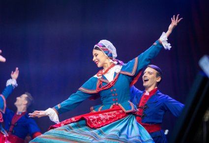 Zbliżenie na parę Artystów w kostiumach kujawskich w trakcie wykonywania choreografii tanecznej