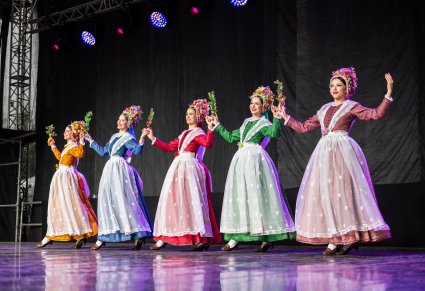 Pięć Artystek w kostiumach bamberskich na scenie w trakcie wykonywania choreografii tanecznej