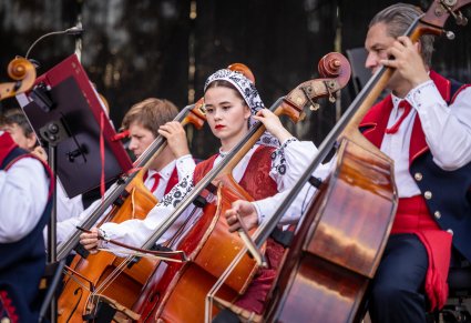 Zbliżenie na Artystów Orkiestry w kostiumach wilanowskich grających na instrumentach smyczkowych
