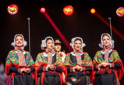 Artyści na scenie w czasie śpiewu w kostiumach lubuskich
