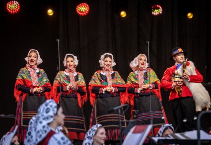 Pięciu Artystów na środku sceny w kostiumach lubuskich