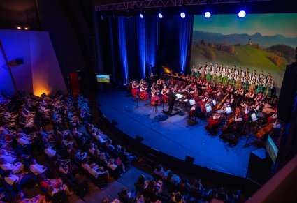 Ujęcie z góry na scenę z Artystami i publiczność