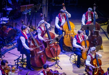 Zbliżenie na Muzyków z Orkiestry w kostiumach wilanowskich, grających na instrumentach smyczkowych