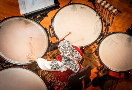 Zbliżenie na Muzyczkę z Orkiestry w kostiumie wilanowskim grającą na instrumencie