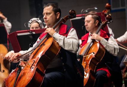 Zbliżenie na Artystów z Orkiestry w kostiumach wilanowskich, grających na instrumentach smyczkowych