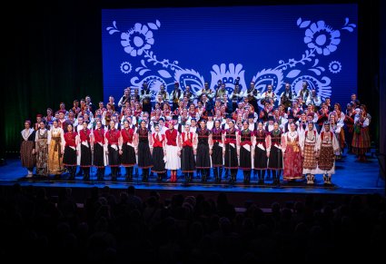 Artyści zespołu z Dubrownika w tradycyjnych kostiumach a scenie