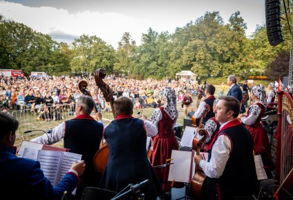 Na pierwszym planie orkiestra a w tle widoczna publiczność
