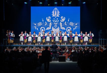Artyści zespołu Mazowsze w kostiumach kaszubskich śpiewają na scenie
