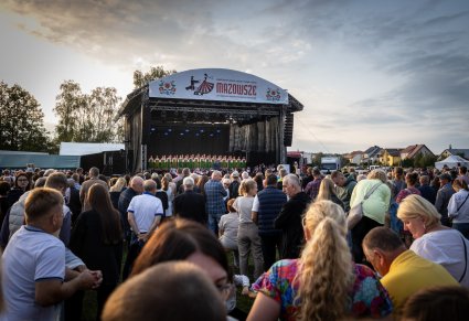 Widownia podczas koncertu, w tle widoczna scena i chór