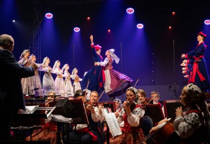 Artyści w kostiumach wilanowskich uchwyceniu w tańcu