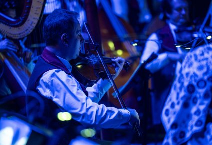 Zbliżenie na artystę grającego na skrzypcach podczas koncertu