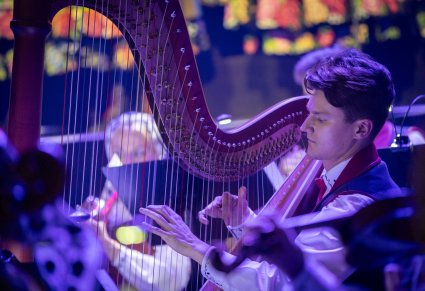 Zbliżenie na artystę grającego na harfie