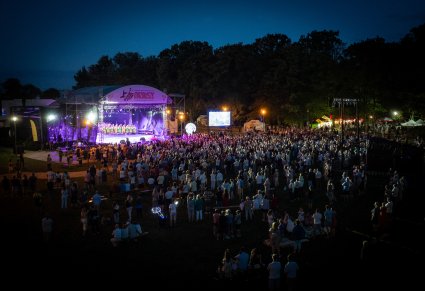 Widok z drona na scenę i zgromadzoną publiczność